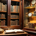 **

Cozy, climate-controlled room with a collection of antique books and metal artifacts displayed in UV-protected glass cabinets. Hygrometer visible, showcasing ideal humidity levels. Focus on the careful organization and preservation.

**