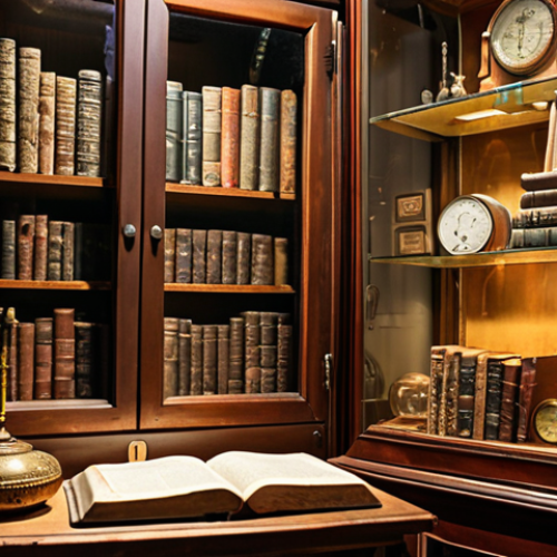 Home 4 **
Cozy, climate-controlled room with a collection of antique books and metal artifacts displayed in UV-protected glass cabinets. Hygrometer visible, showcasing ideal humidity levels. Focus on the careful organization and preservation.
**