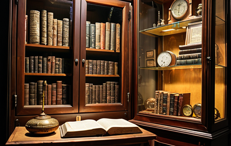 **
Cozy, climate-controlled room with a collection of antique books and metal artifacts displayed in UV-protected glass cabinets. Hygrometer visible, showcasing ideal humidity levels. Focus on the careful organization and preservation.
**