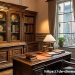 Home 22 골동품 투자 시 유의할 점 - A sophisticated antique collector’s study room bathed in warm natural daylight, featuring a variety ...
