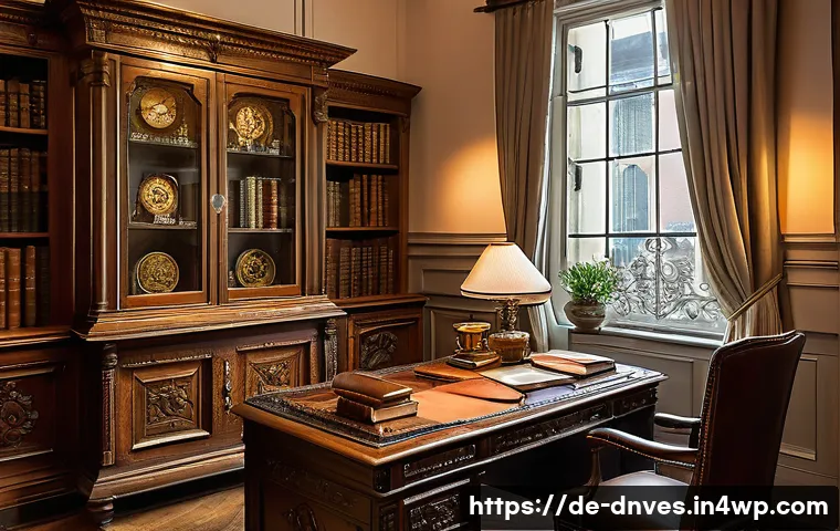 골동품 투자 시 유의할 점 - A sophisticated antique collector’s study room bathed in warm natural daylight, featuring a variety ...