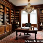 Home 21 희귀 수집품의 투자 수익률 분석 - A luxurious, dimly lit antique collector’s study in a sophisticated German villa, showcasing a polis...