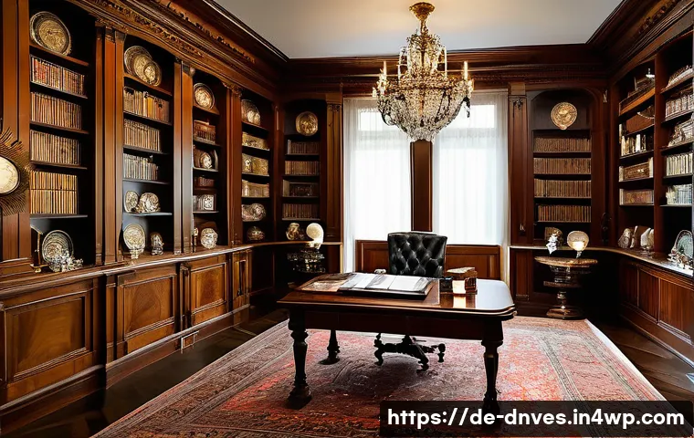 희귀 수집품의 투자 수익률 분석 - A luxurious, dimly lit antique collector’s study in a sophisticated German villa, showcasing a polis...