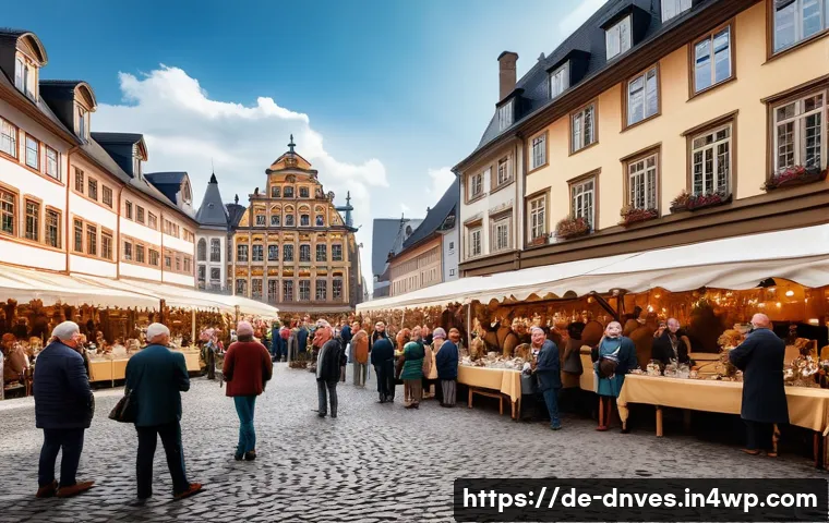 수집품 경매의 역사와 현재 - A bustling antique auction scene in a historic German city square, featuring elegantly dressed colle...